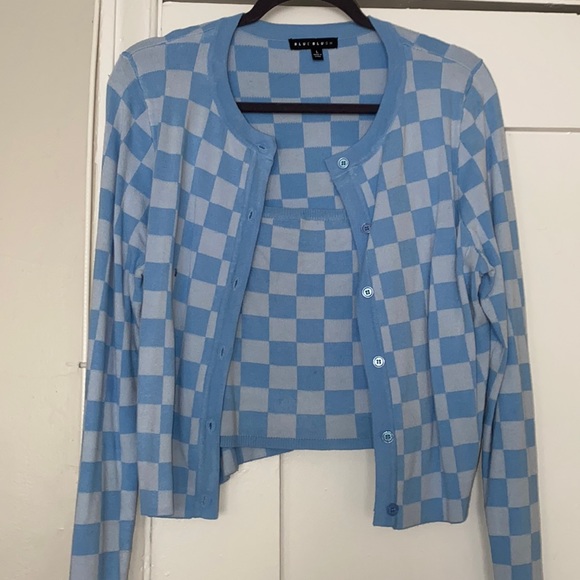 2 piece like new sweater combo knit cardigan tank top set crop top checker print - Picture 2 of 7